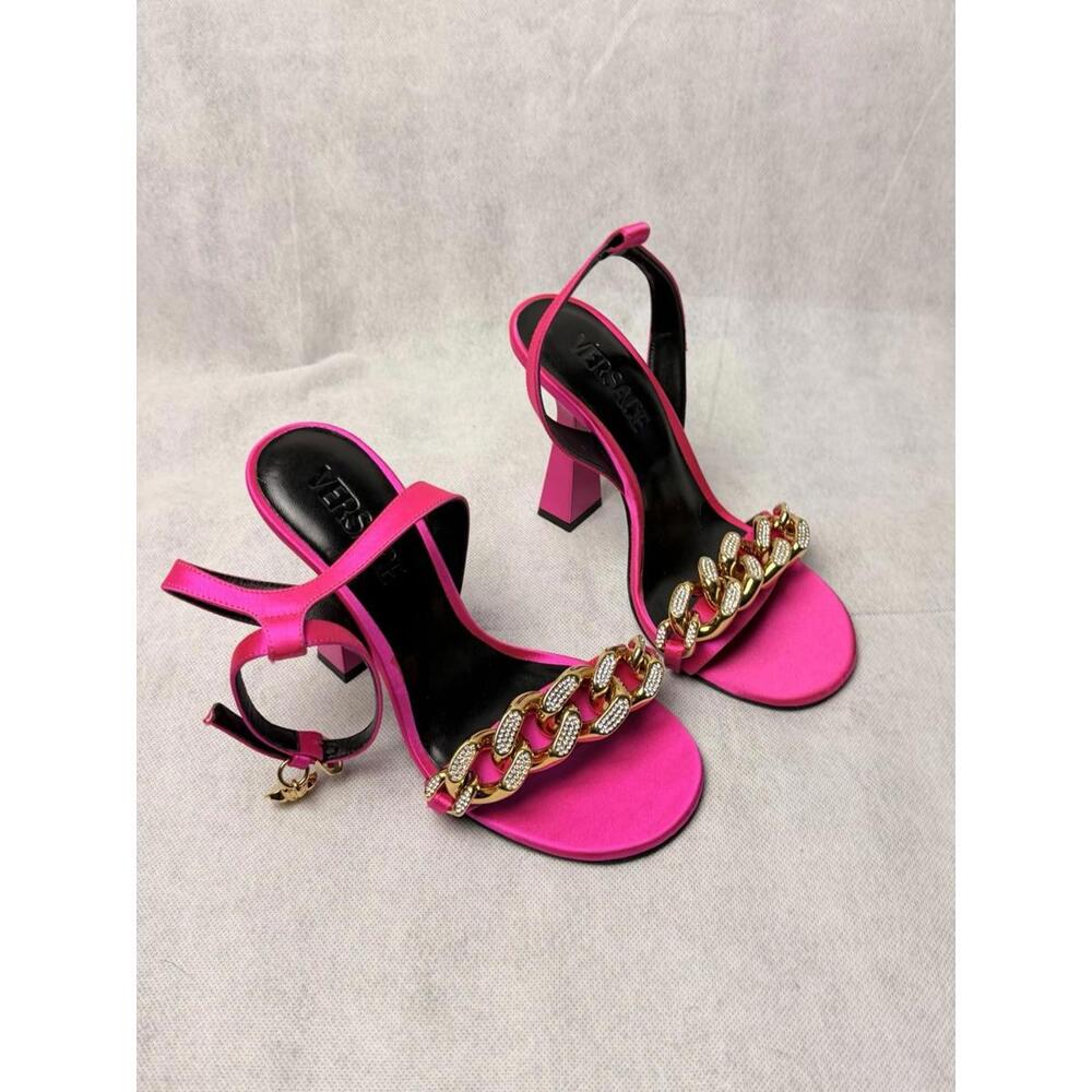 Versace Medusa Chain Satin Sandals Pink Crystal High Heel SZ 36 US 6 New Defect